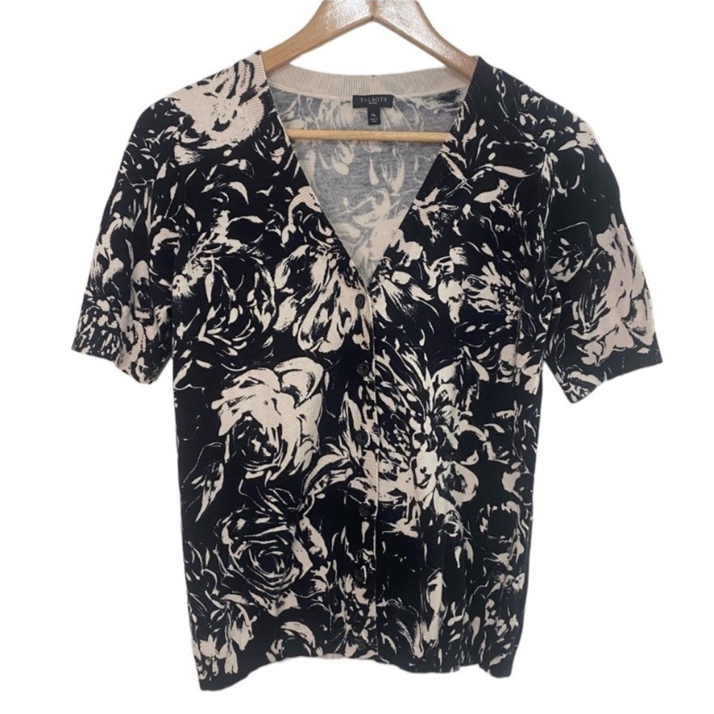 Talbots short sleeve black floral knit cardigan Medium Petite Office Careerwear